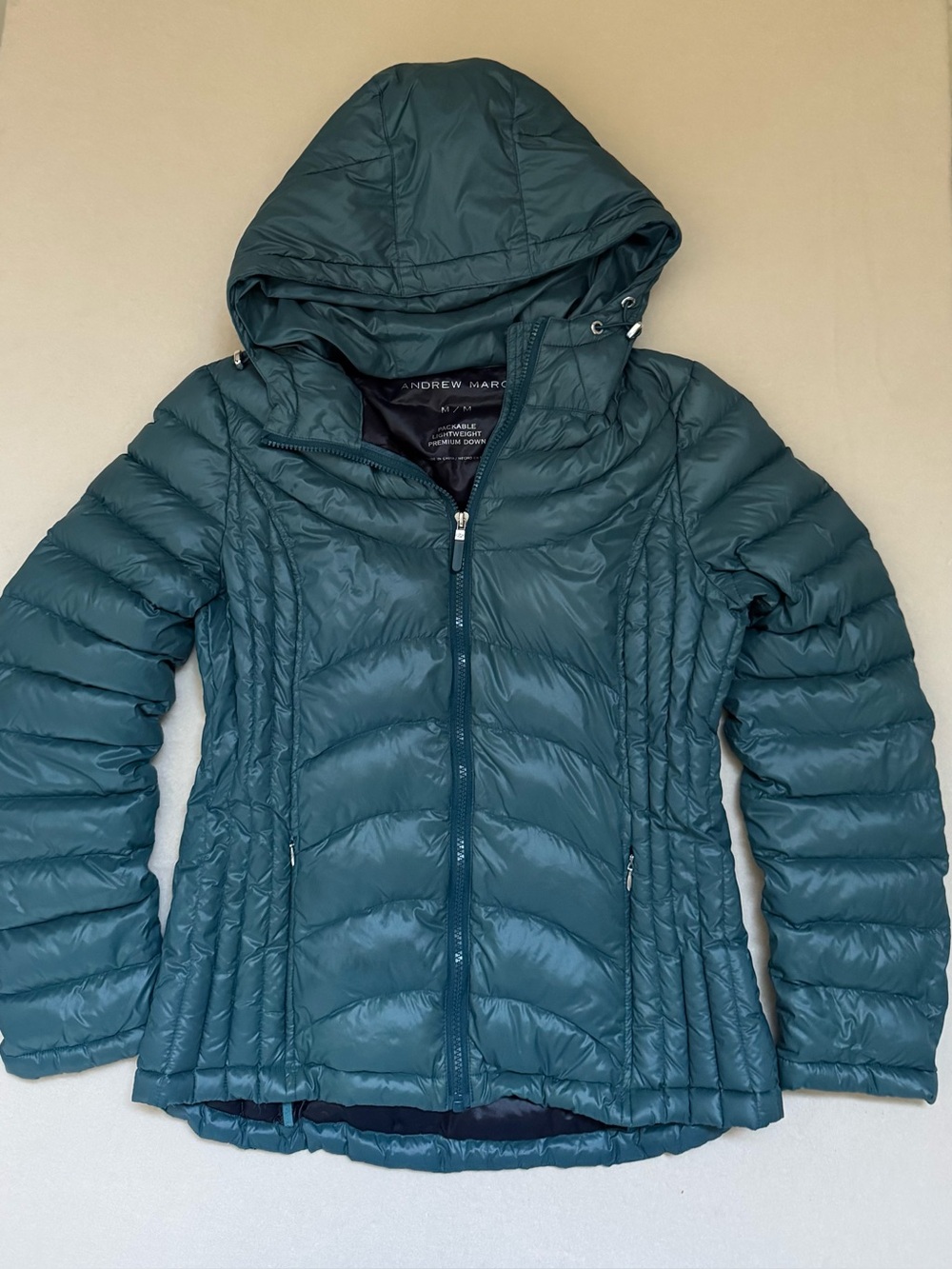 Andrew Marc Down Packable Lightweight Hooded Jacket Teal Medium
